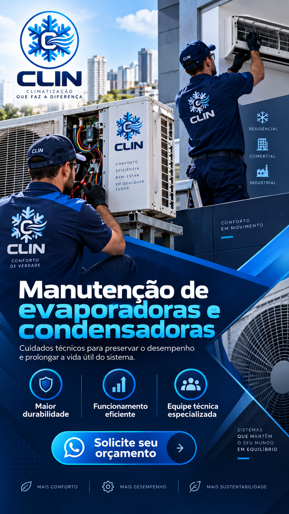 Técnico da Clin realizando limpeza e higienização de ar-condicionado