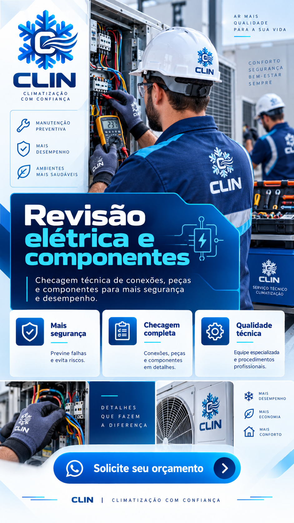 Técnico da Clin diagnosticando falha em sistema de ar-condicionado